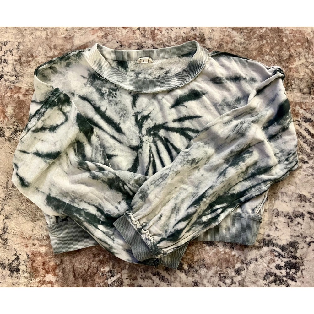 POL Womens Tie Dye Cropped Sweatshirt Gray White French Terry Pullover Size L